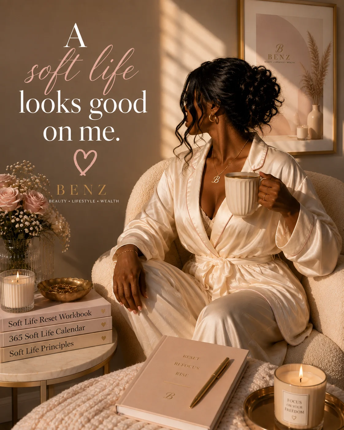 Luxury soft life lifestyle scene featuring an elegant Black woman relaxing with coffee beside the Soft Life Reset Workbook, 365 Soft Life Calendar, and Soft Life Principles.