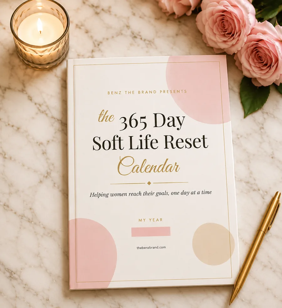 365 Day Soft Life Reset Calendar - digital calendar cover on marble with pink roses