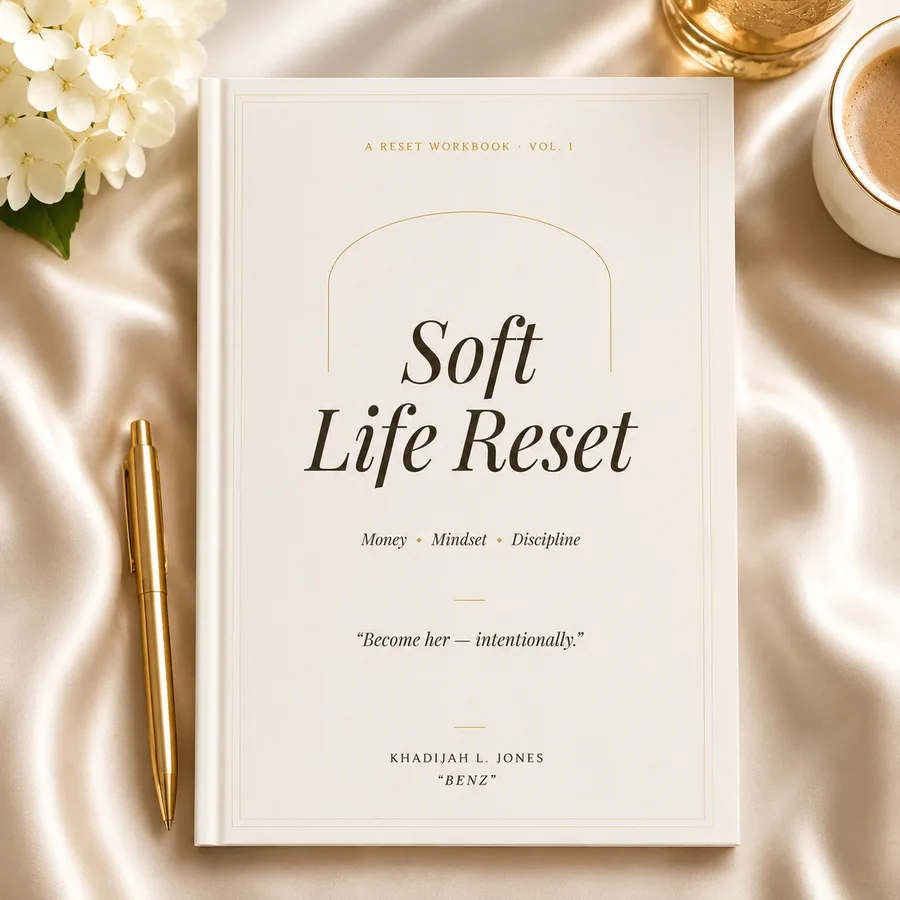 Soft Life Reset Workbook - digital guided journal cover on champagne silk with gold pen